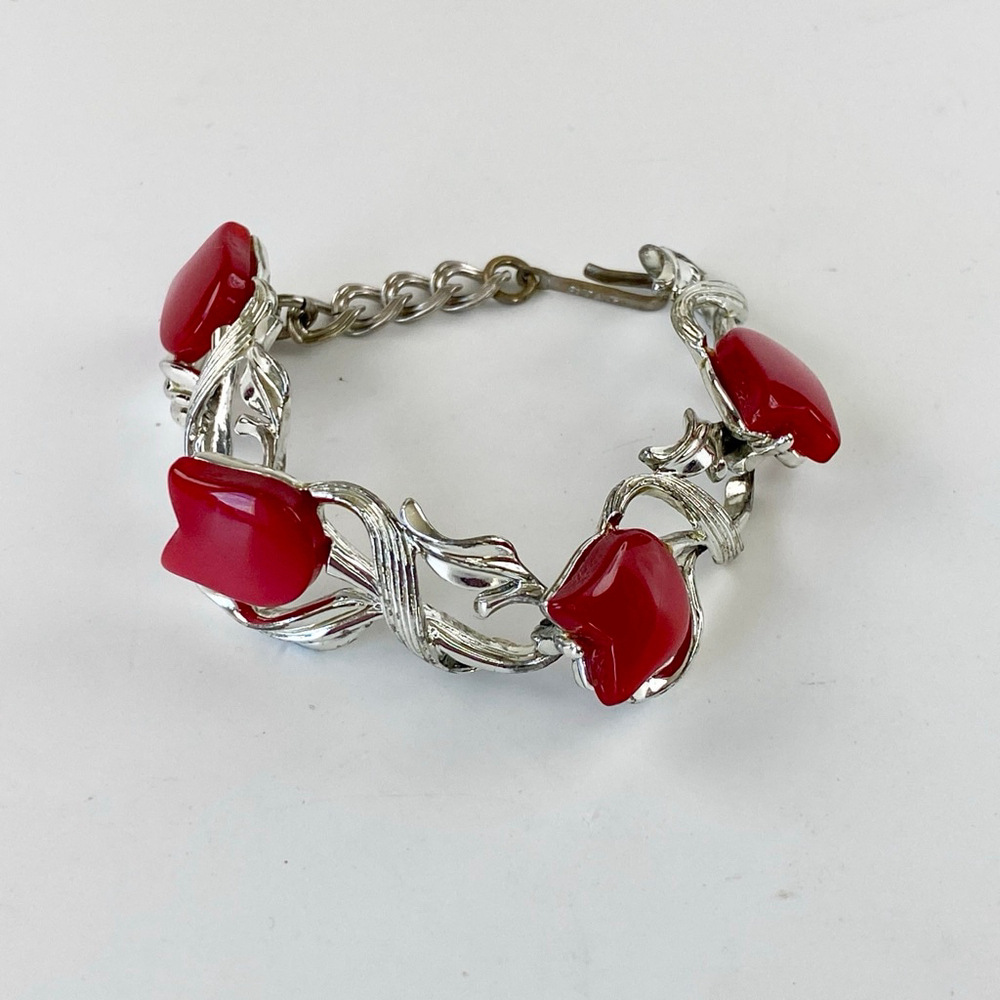 Vintage Red Tulip Thermoset Golden Silver Link Bracelet Signed STAR. - Picture 4 of 7